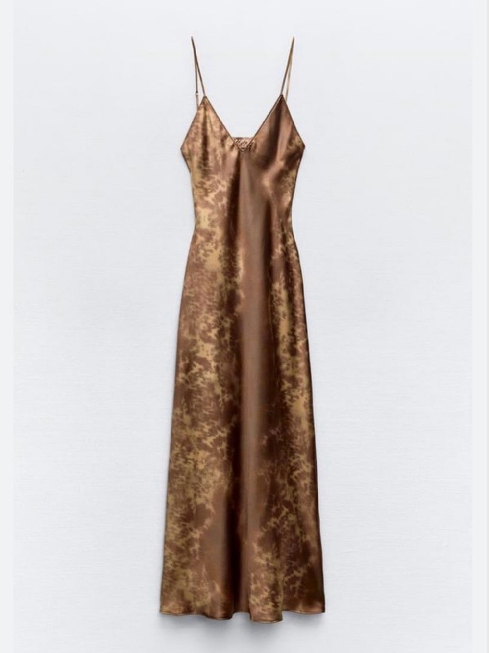ZARA Satin Slip Maxi Dress in Bronze Brown